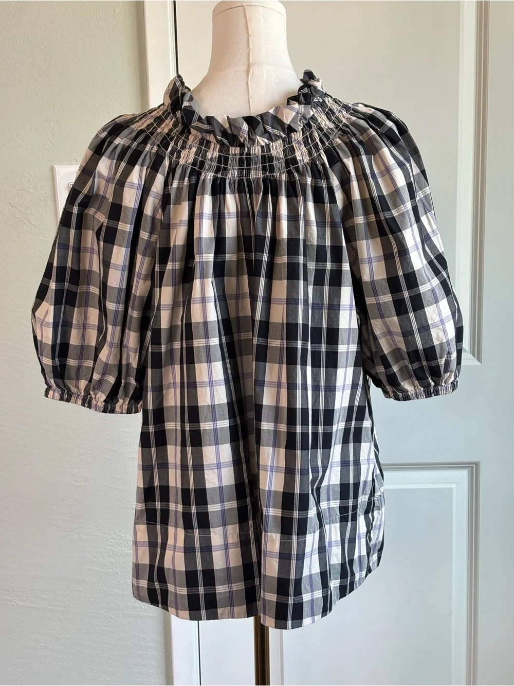 Bundle 2/$30! J. Crew Black and White Plaid Smocked Peasant Top